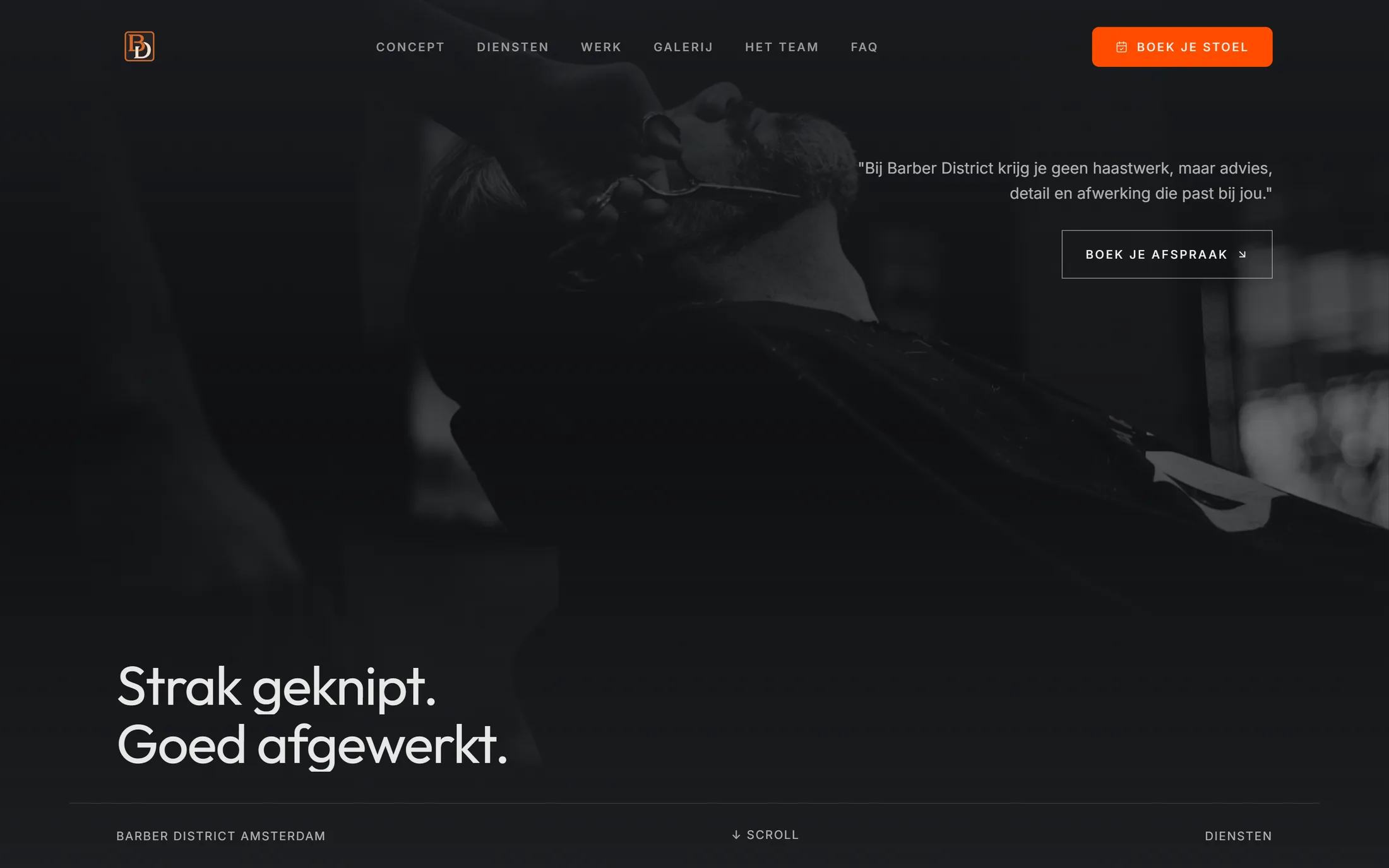 Screenshot van de website van Barber District