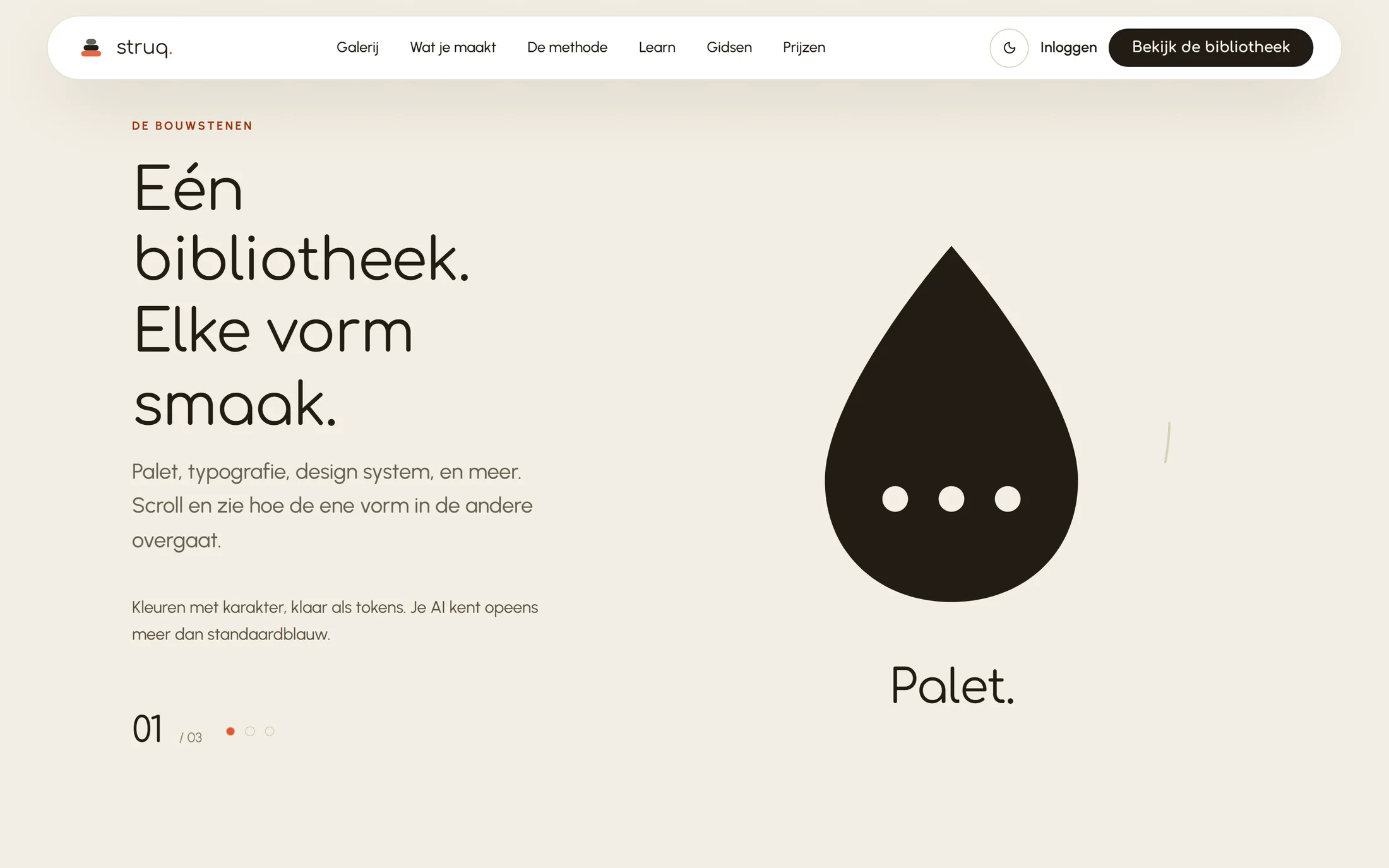 De bouwstenen-sectie van Struq met paletten en typografie