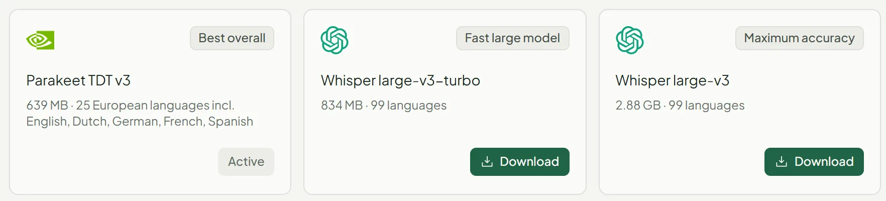 Drie aanbevolen modellen in Struq Voice met downloadknoppen