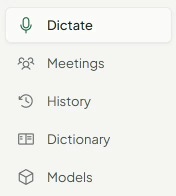 De navigatiebalk van Struq Voice met Dictate, Meetings, History, Dictionary en Models