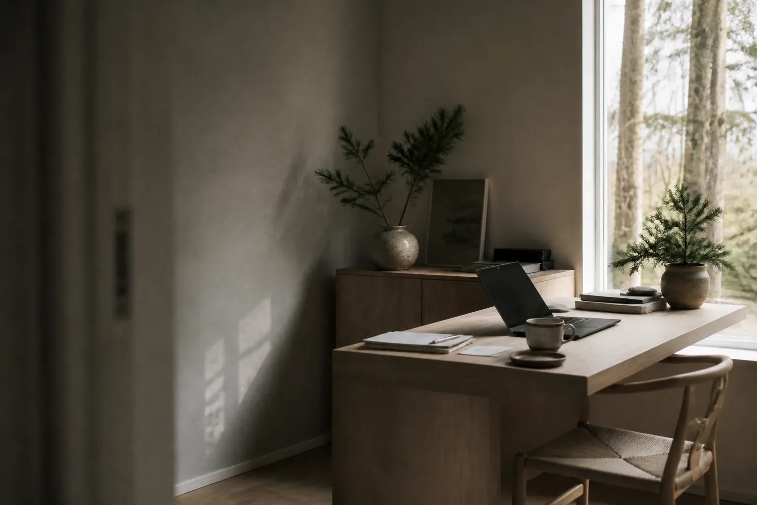 Een leeg bureau, als beeld voor de omweg die dicteren normaal kost